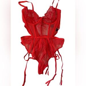 Lounge intimates Mila Red Lace Thong Bodysuit with Garters size large